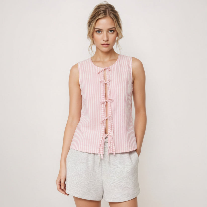 Handwoven cotton sleeveless top with vertical stripe pattern