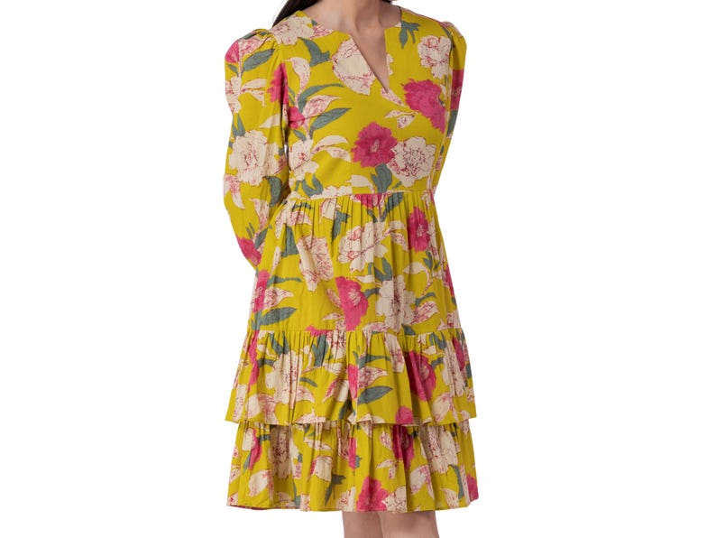 Yellow Floral Tiered Cotton Boho Dress