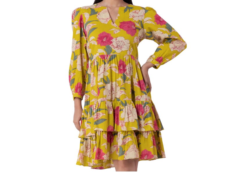 Yellow Floral Tiered Cotton Boho Dress
