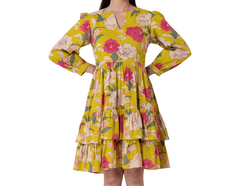 Yellow Floral Tiered Cotton Boho Dress
