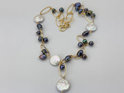 Natural keshi black pearl and white coin pearl necklace