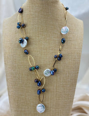 Natural keshi black pearl and white coin pearl necklace