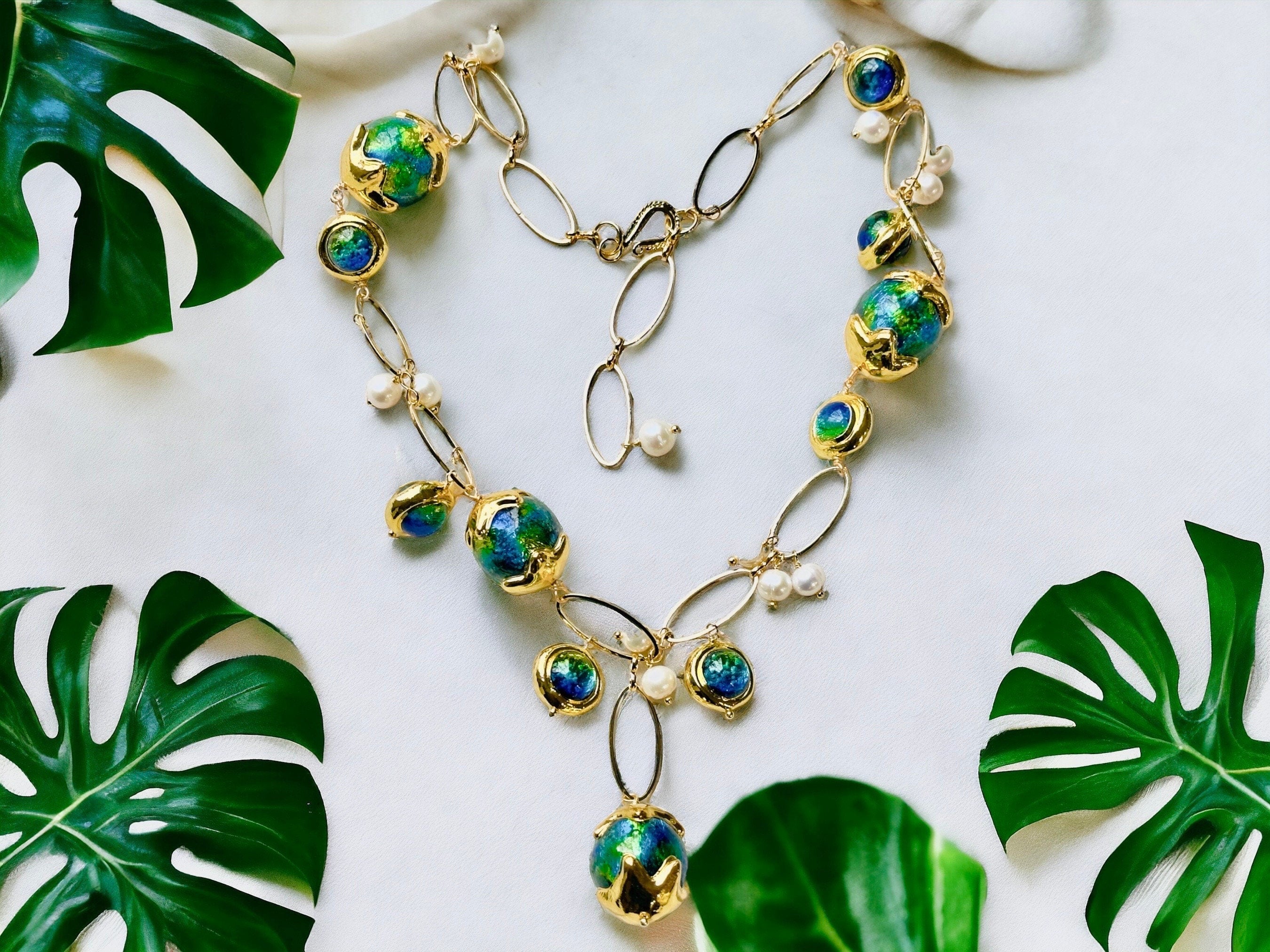 Natural pearl big muano glass bead pendant necklace