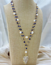 Natural Cultured White Rice Pearl, Blue Crystal Necklace