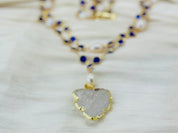 Natural Cultured White Rice Pearl, Blue Crystal Necklace