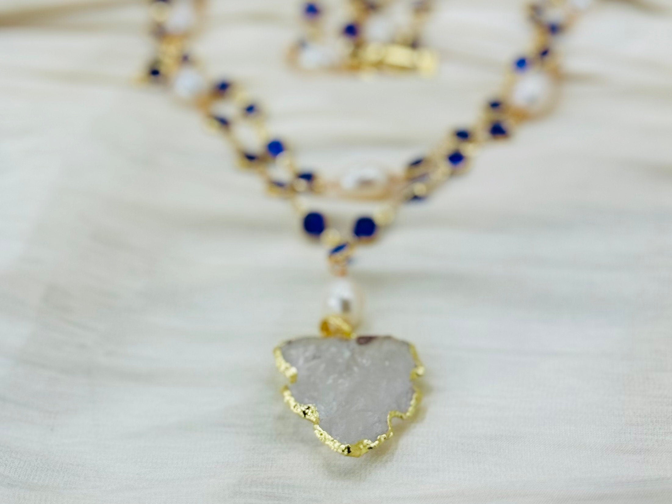 Natural Cultured White Rice Pearl, Blue Crystal Necklace