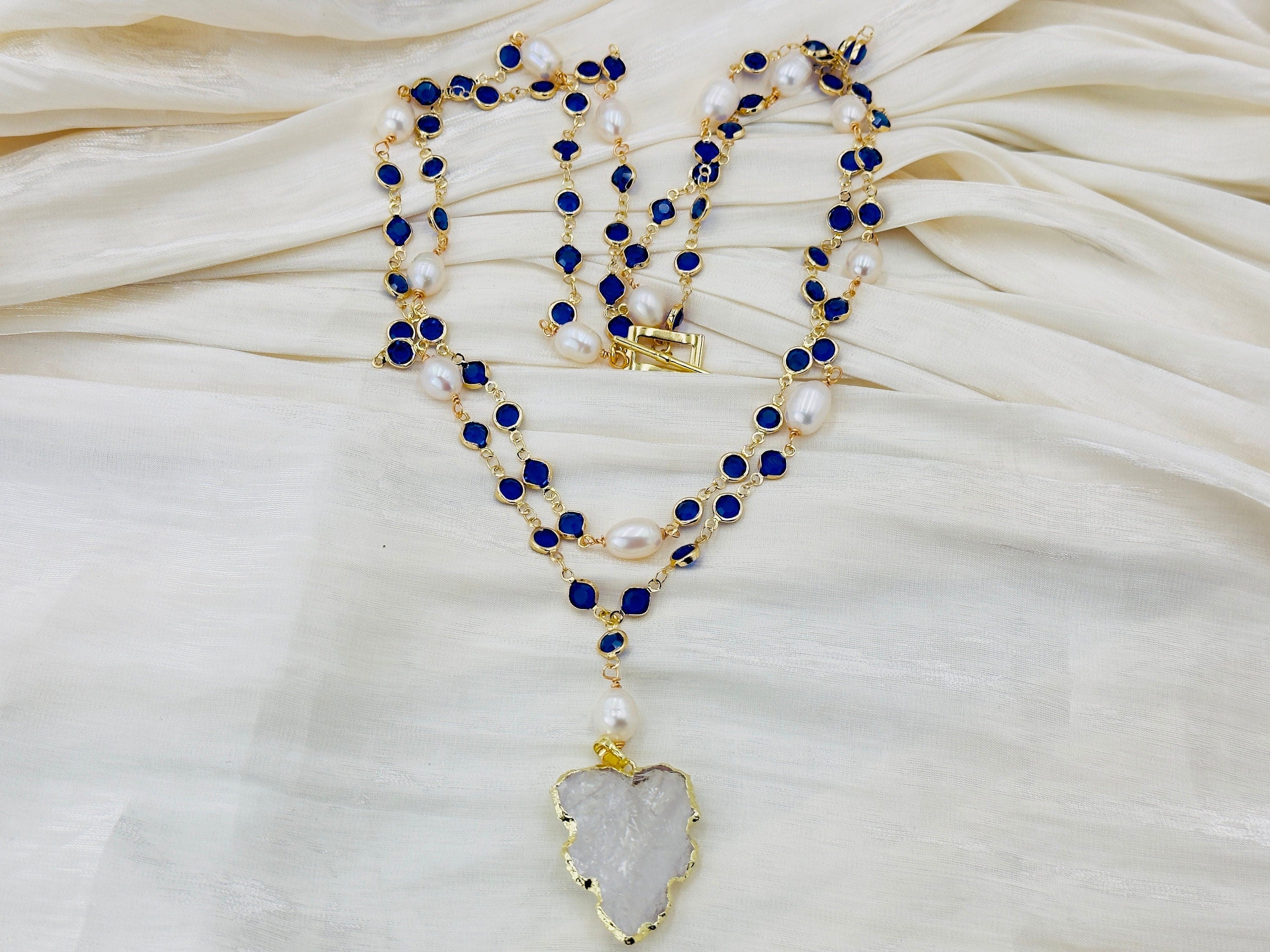 Natural Cultured White Rice Pearl, Blue Crystal Necklace