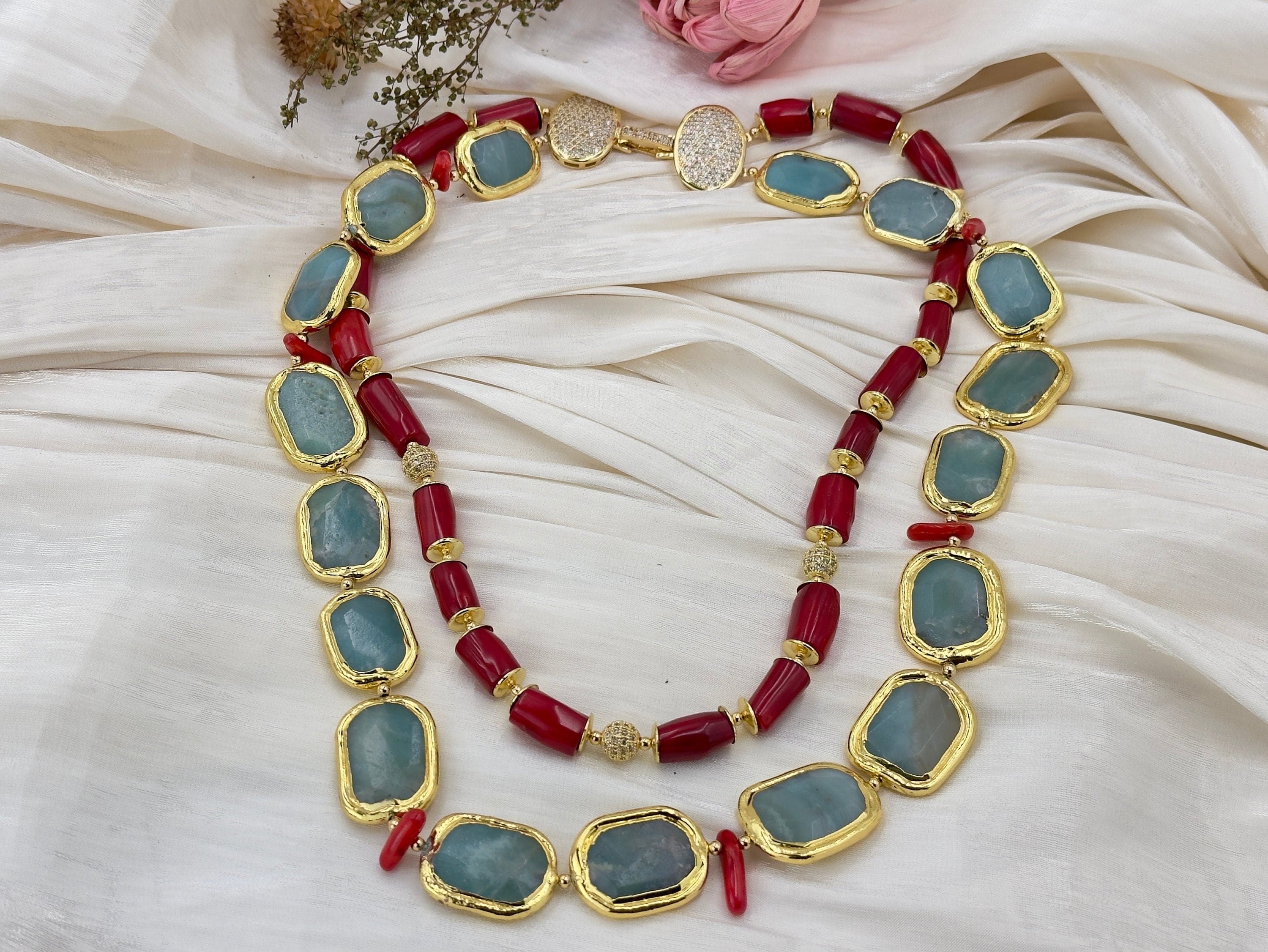 Natural Coral Gemstone Handmade Beaded Necklace