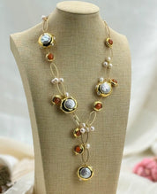 Natural keshi pearl brown murano glass handmade charm necklace