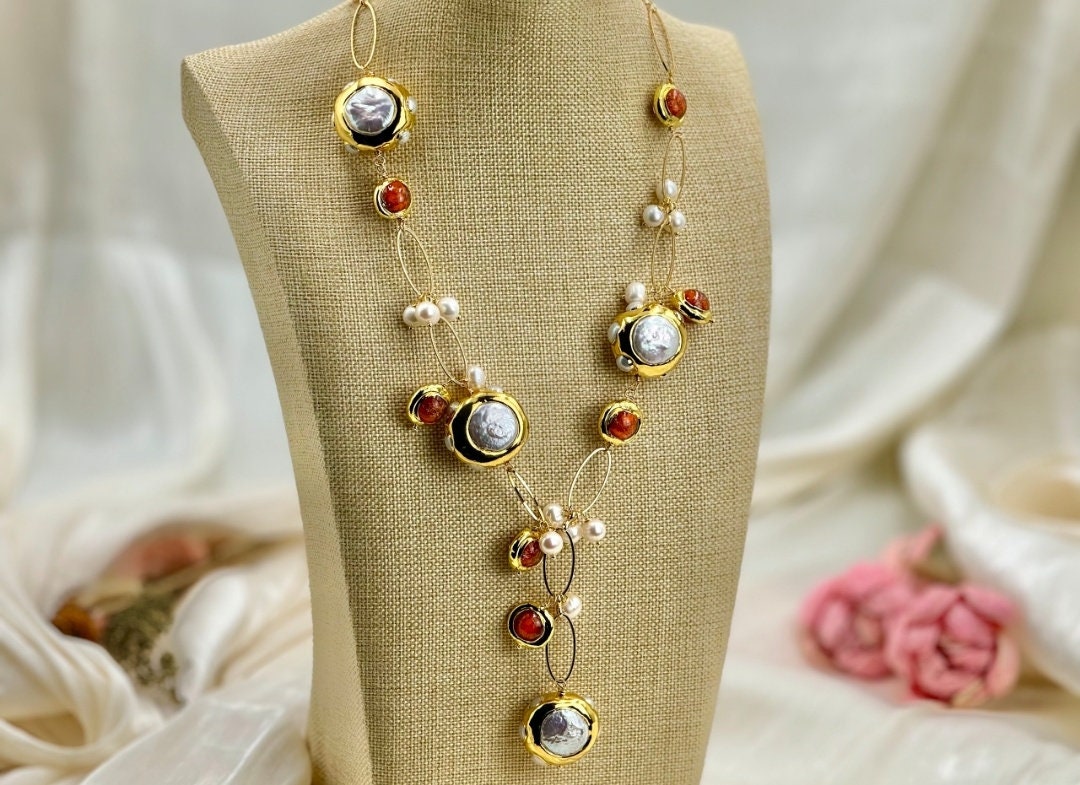 Natural keshi pearl brown murano glass handmade charm necklace