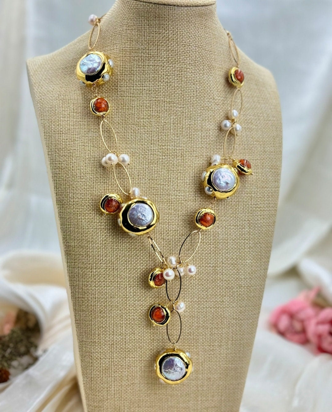 Natural keshi pearl brown murano glass handmade charm necklace