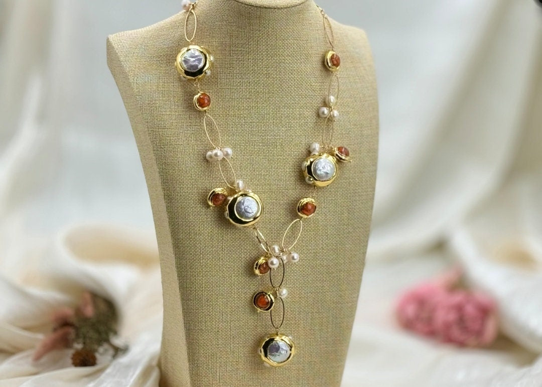 Natural keshi pearl brown murano glass handmade charm necklace