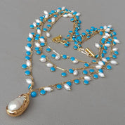 Freshwater white rice pearl blue enamel necklace and bracelet set