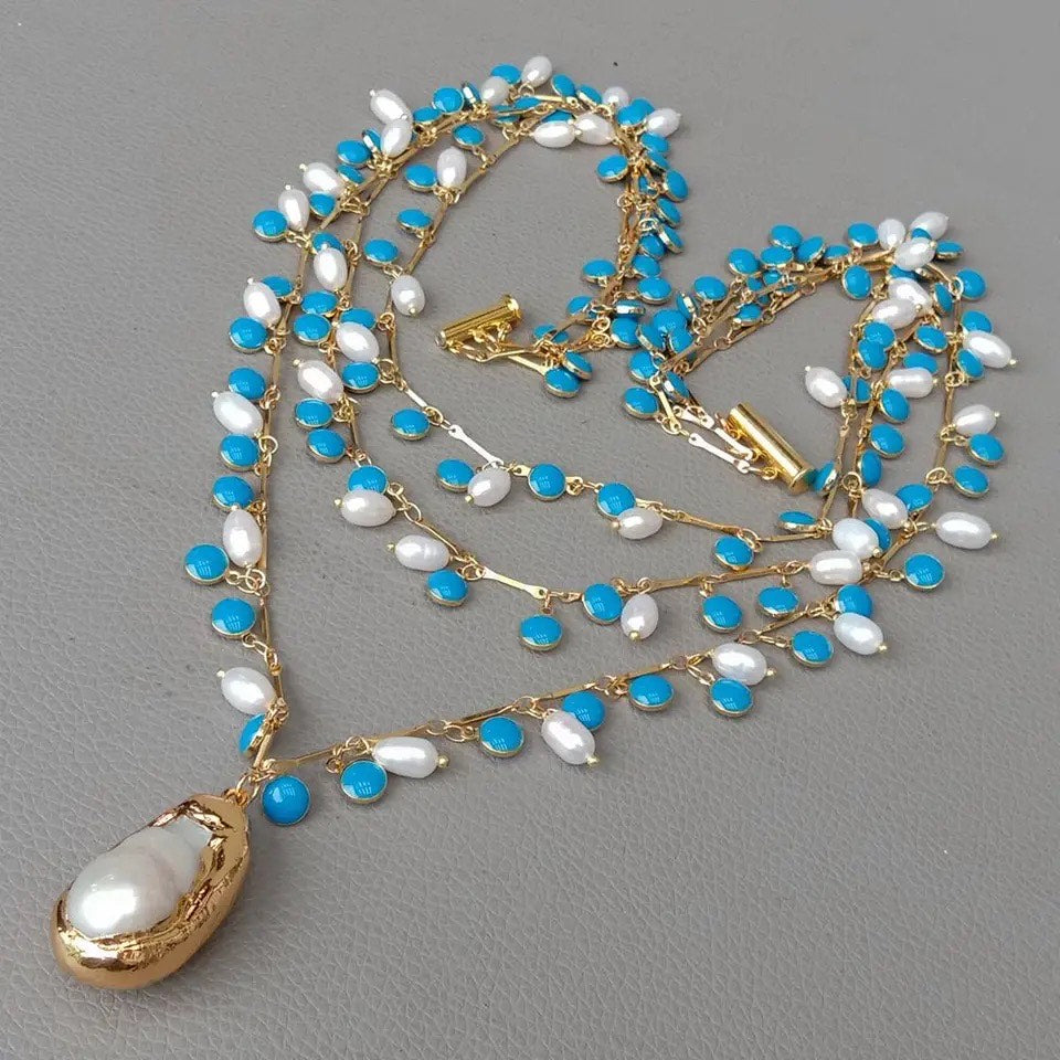 Freshwater white rice pearl blue enamel necklace and bracelet set