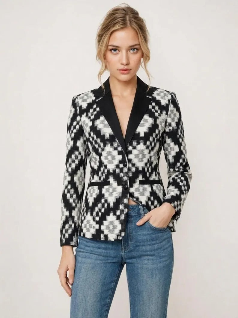 Ikat Cotton Blazer for Women Handwoven Ethnic Jacket Fitted Waist Notch Lapel