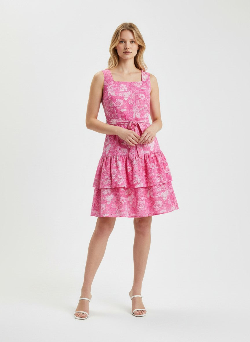 Pink Floral Eyelet Sleeveless Mini Dress for Women