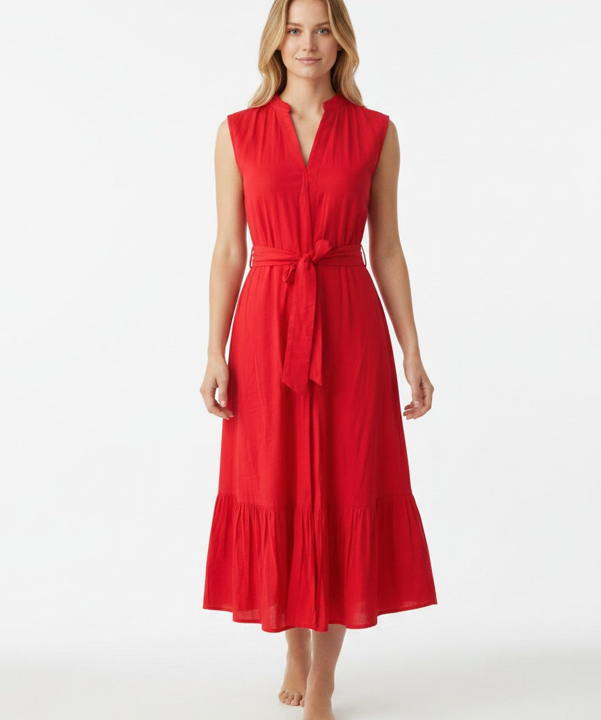 Mandarin Collar Tie Belt Cotton Midi Dress