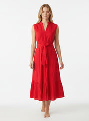 Mandarin Collar Tie Belt Cotton Midi Dress