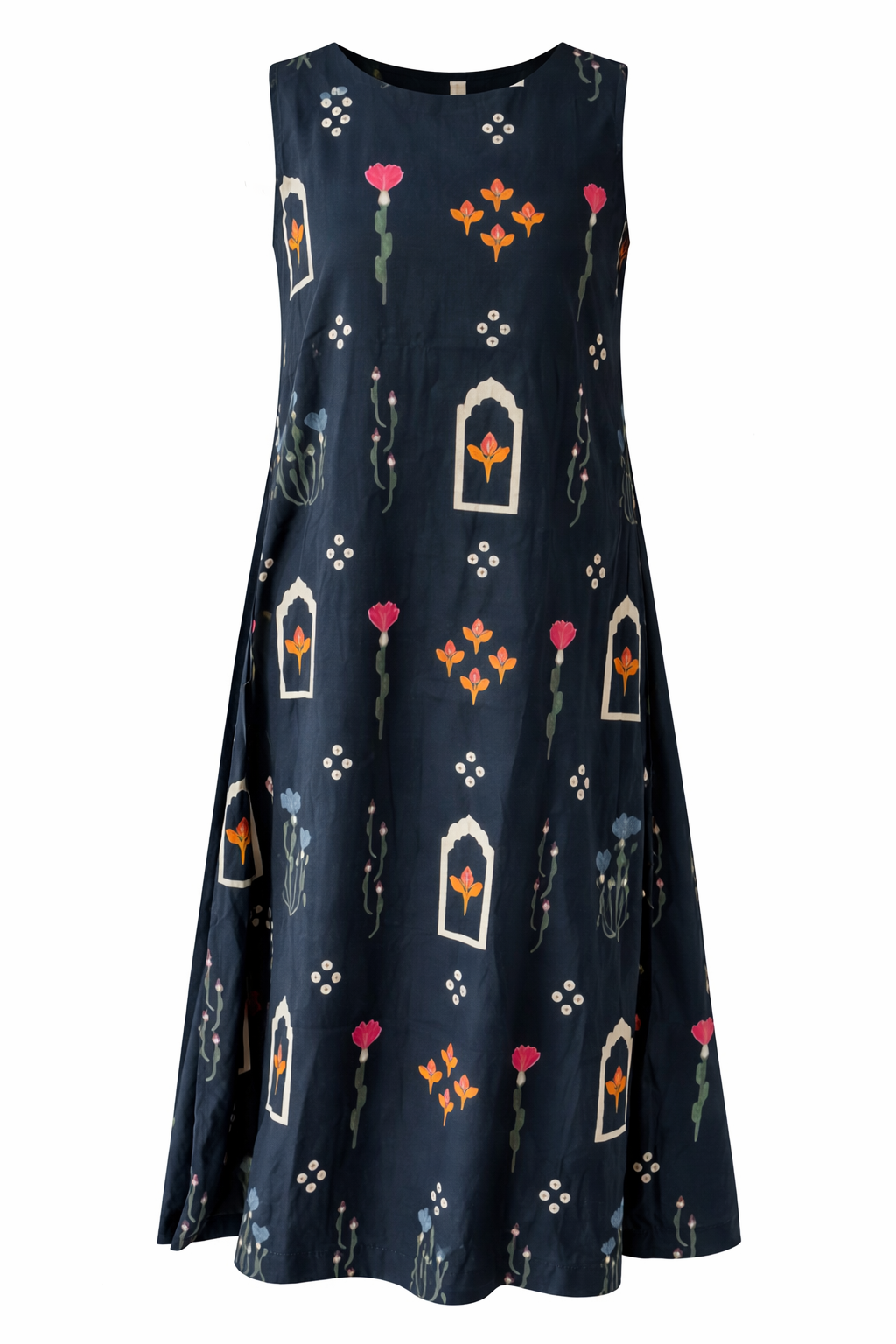 Navy blue dress with colorful floral and bird pattern on a white background