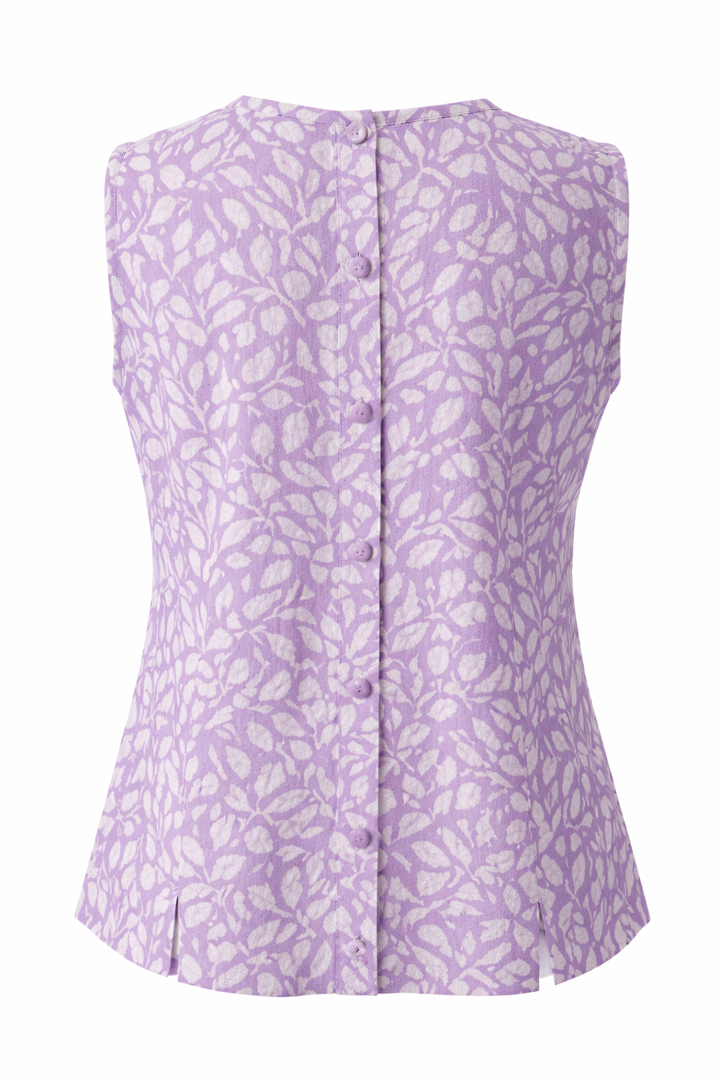 Purple sleeveless blouse with floral pattern on a white background