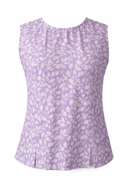 Purple sleeveless top with white floral pattern on a white background