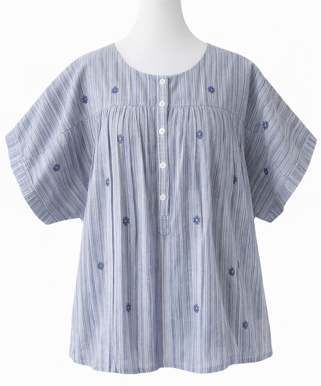 Blue striped blouse with floral embroidery
