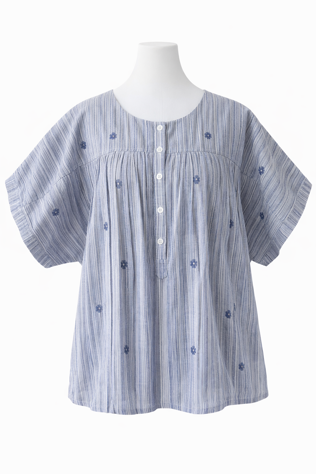 Blue striped blouse with floral embroidery
