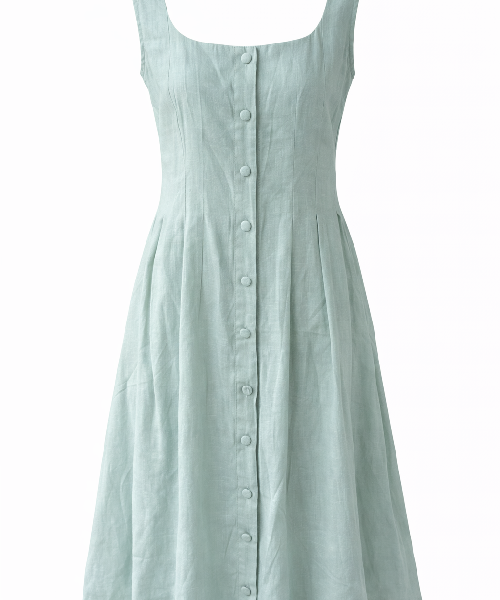 Light green sleeveless dress with buttons on a white background