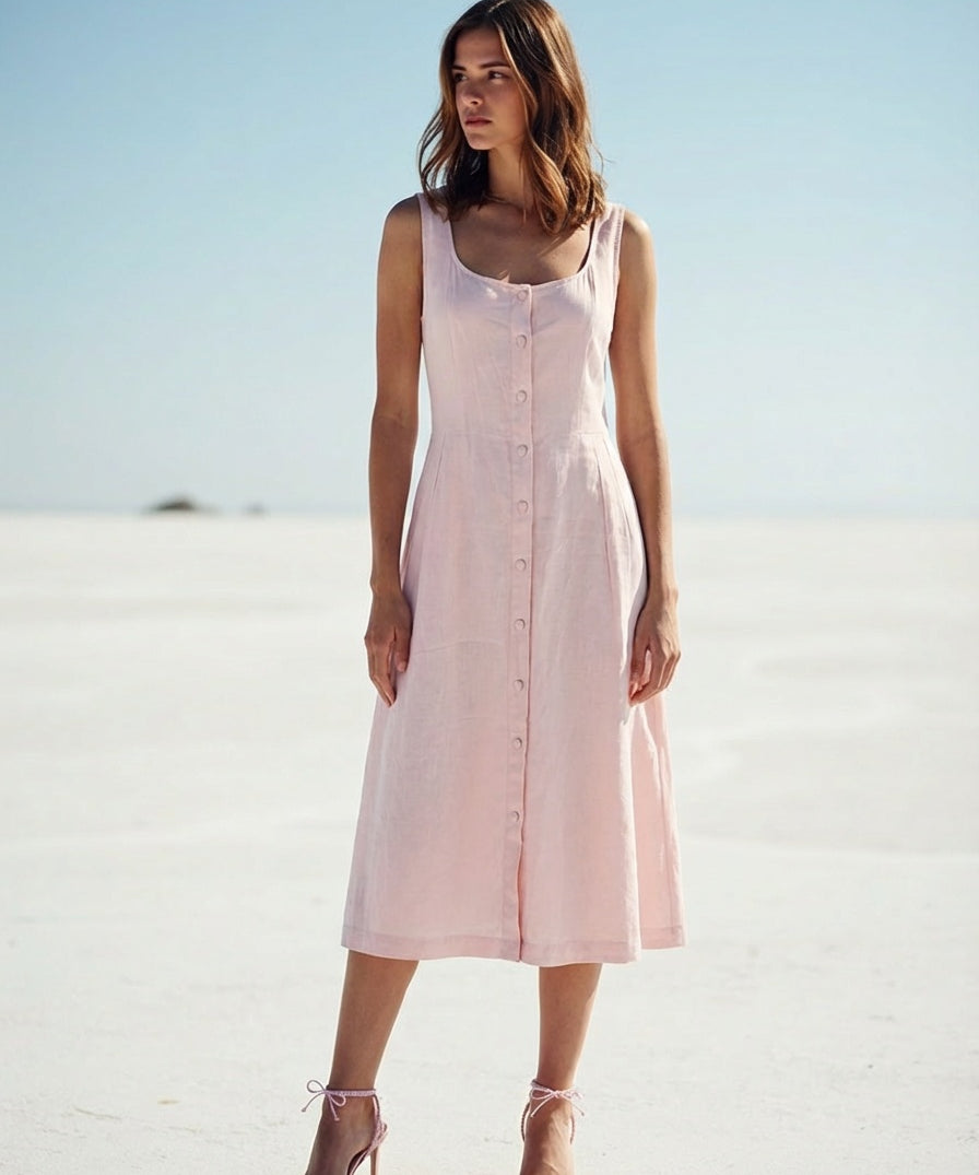 Woman wearing a light pink sleeveless dress ootd