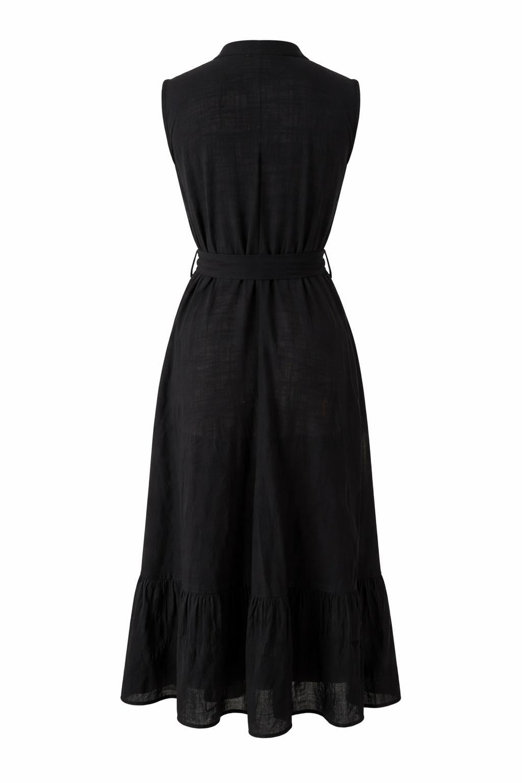 Black sleeveless dress with a belt on a white background
