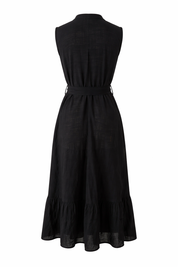 Black sleeveless dress with a belt on a white background