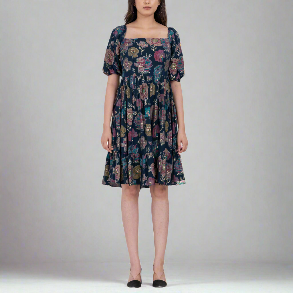 Lightweight summer floral mini dress with A-line silhouette