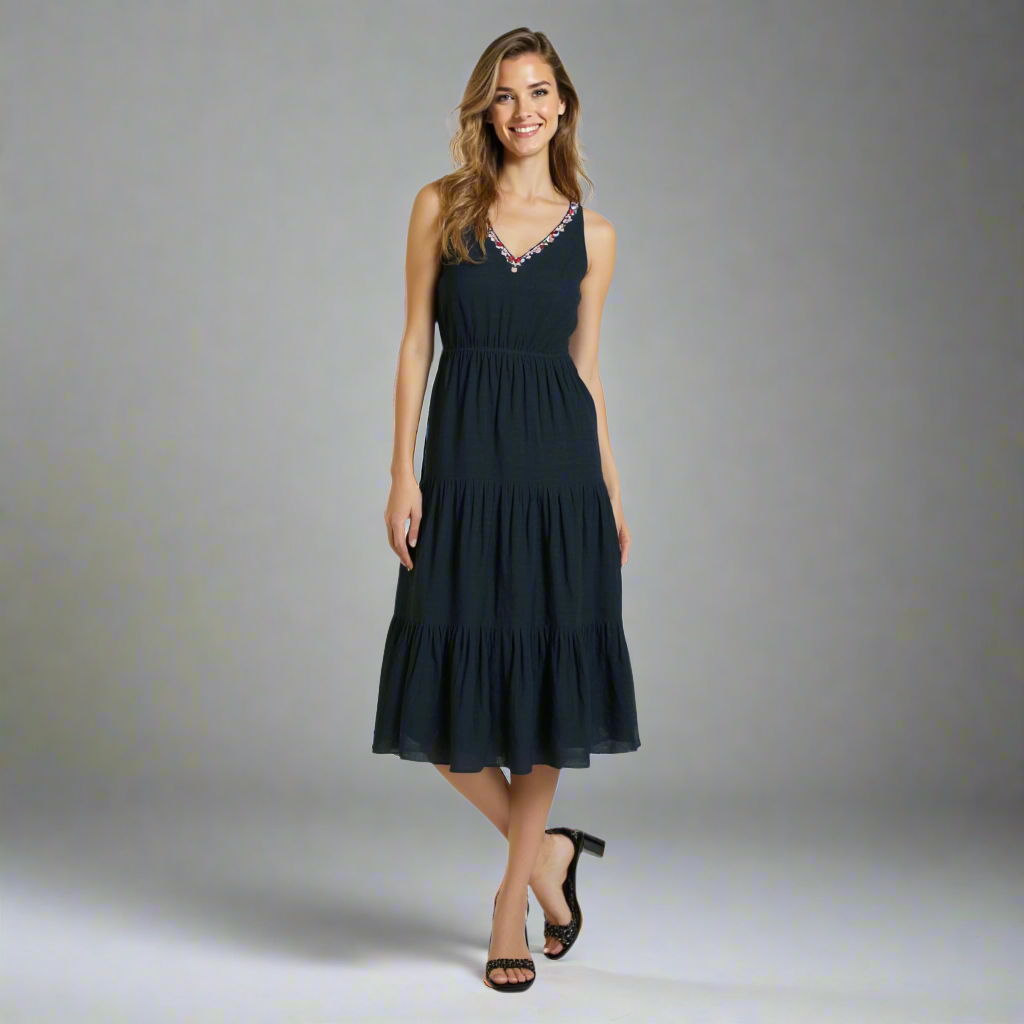 Linen blend embroidered midi dress with tiered hem