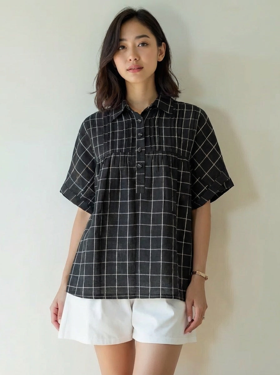 Handwoven Cotton Linen Checks Top Short Sleeve Breathable Natural Fabric Casual