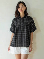 Handwoven Cotton Linen Checks Top Short Sleeve Breathable Natural Fabric Casual
