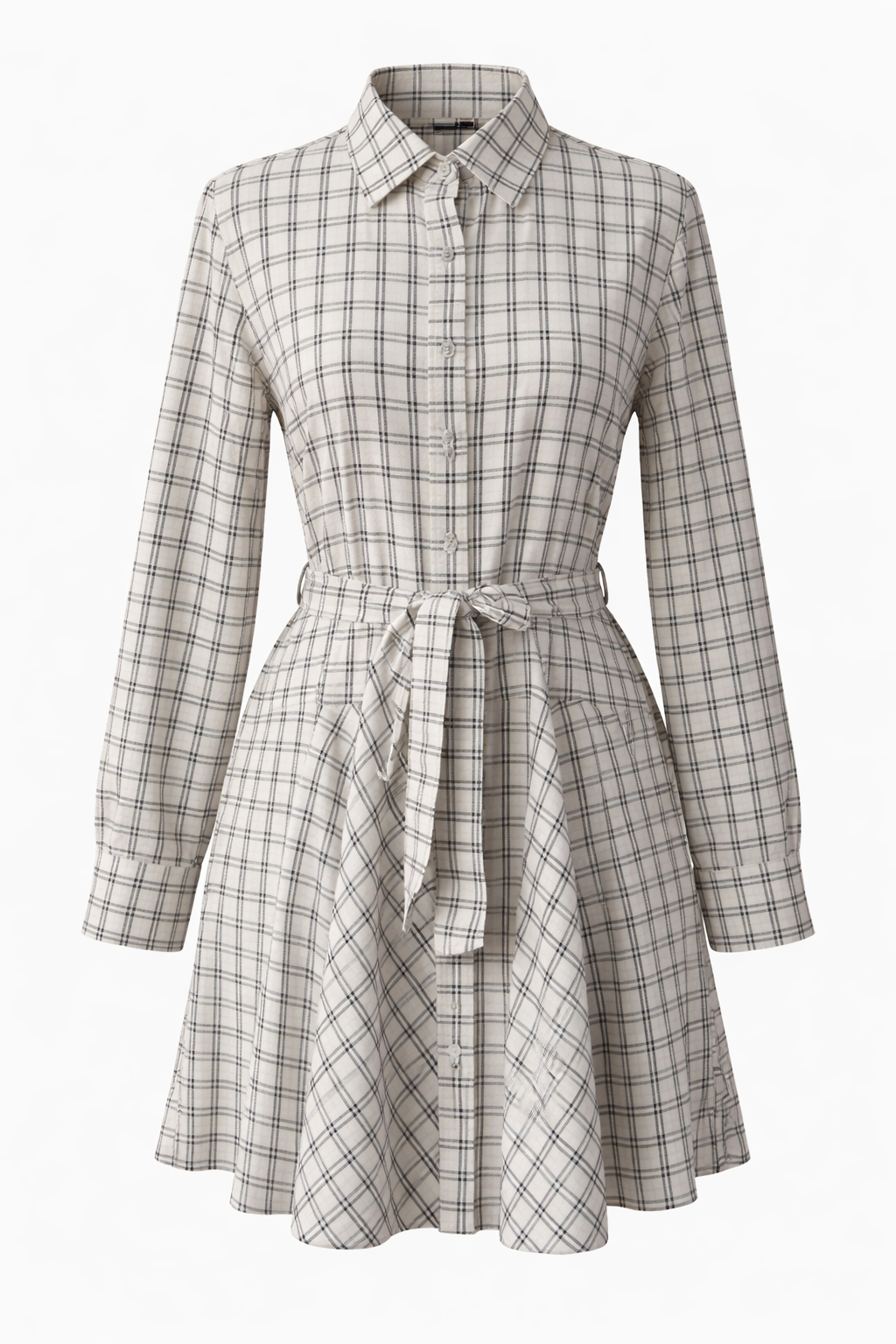 Long sleeve cotton linen mini dress with check
