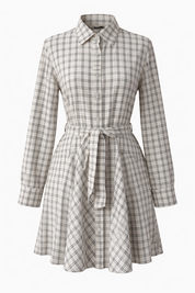 Long sleeve cotton linen mini dress with check
