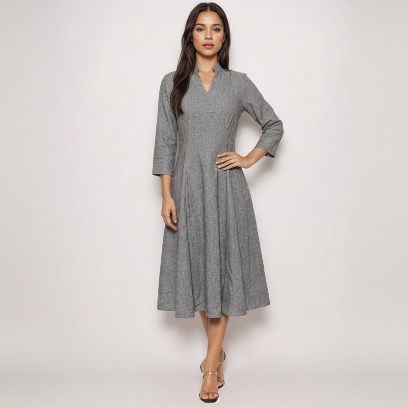 Handwoven cotton midi dress with mandarin collar