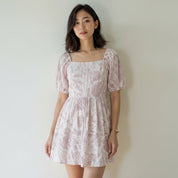 Mauve leaf print cotton midi dress with tailored bodice