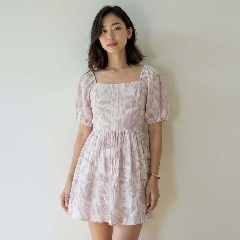 Mauve leaf print cotton midi dress with tailored bodice