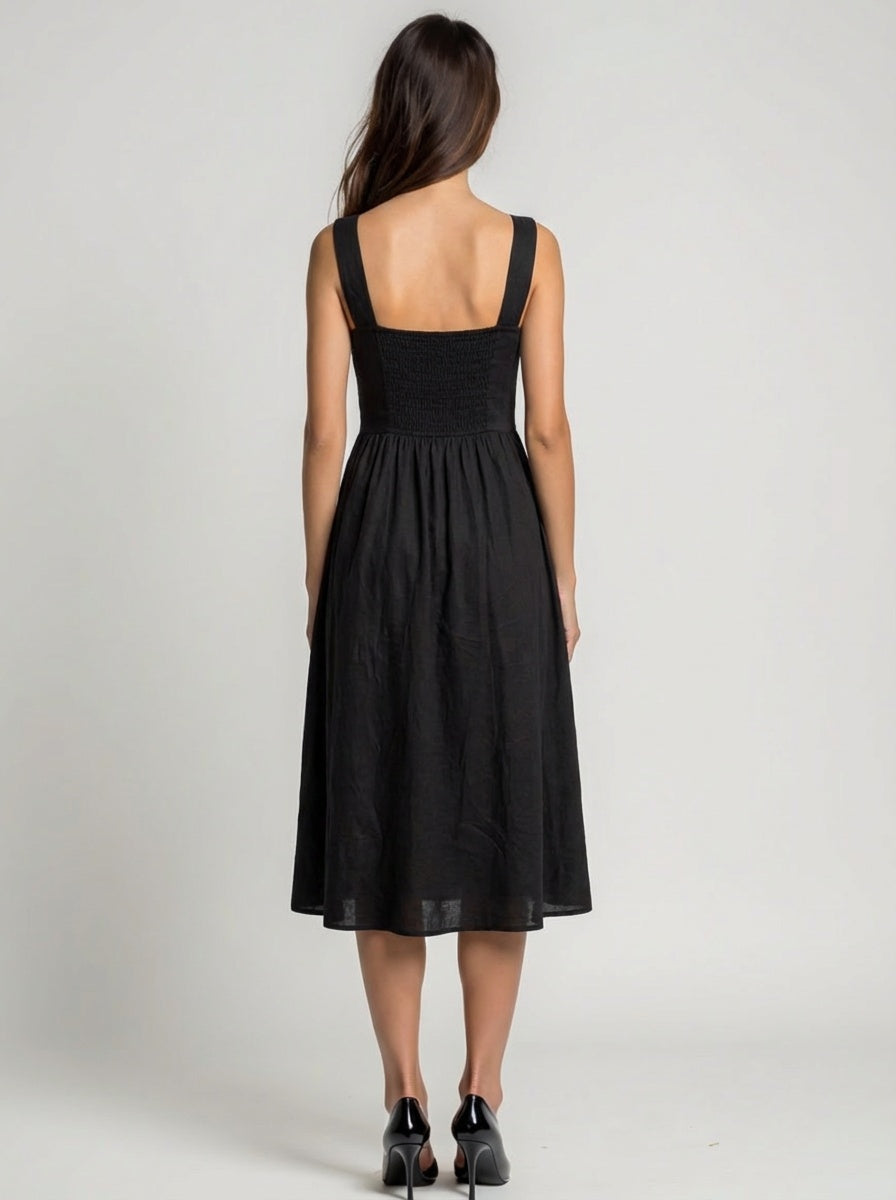 Solid cotton midi dress with full button down front