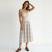 Multi color gingham cotton dobby midi dress
