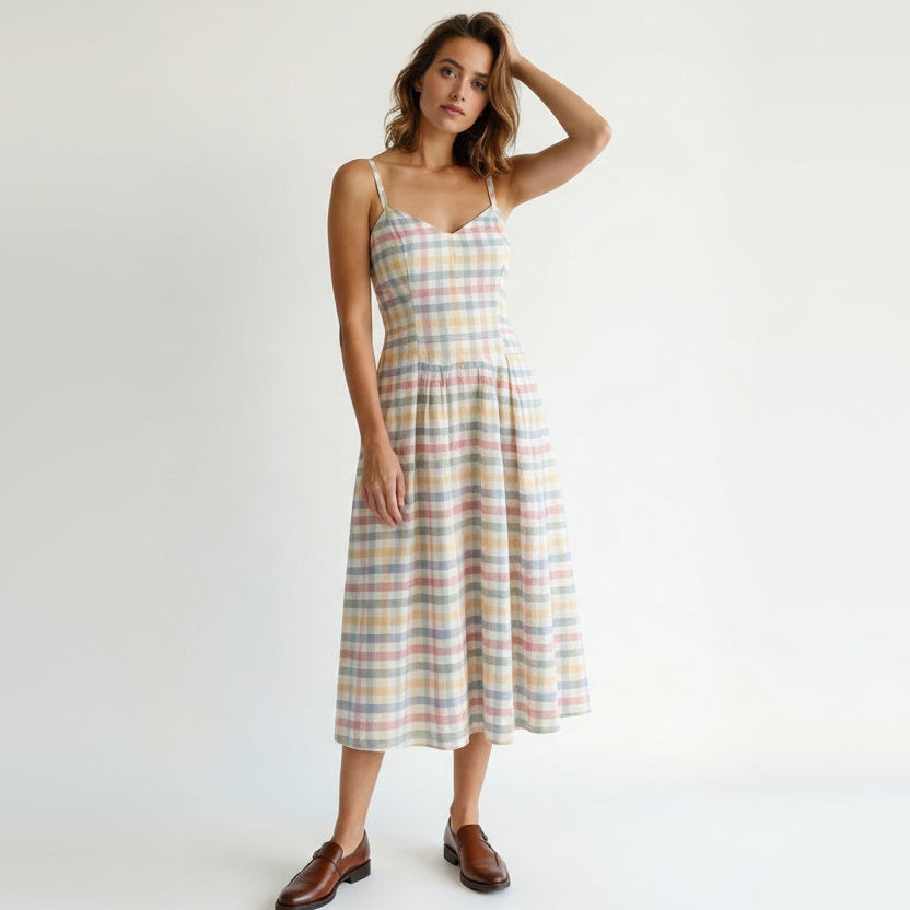 Multi color gingham cotton dobby midi dress
