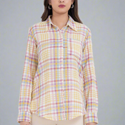Close-up of multicolor plaid checkered design on a button-up shirt.