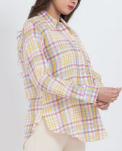 Pastel check print button-up shirt for women in soft cotton fabric