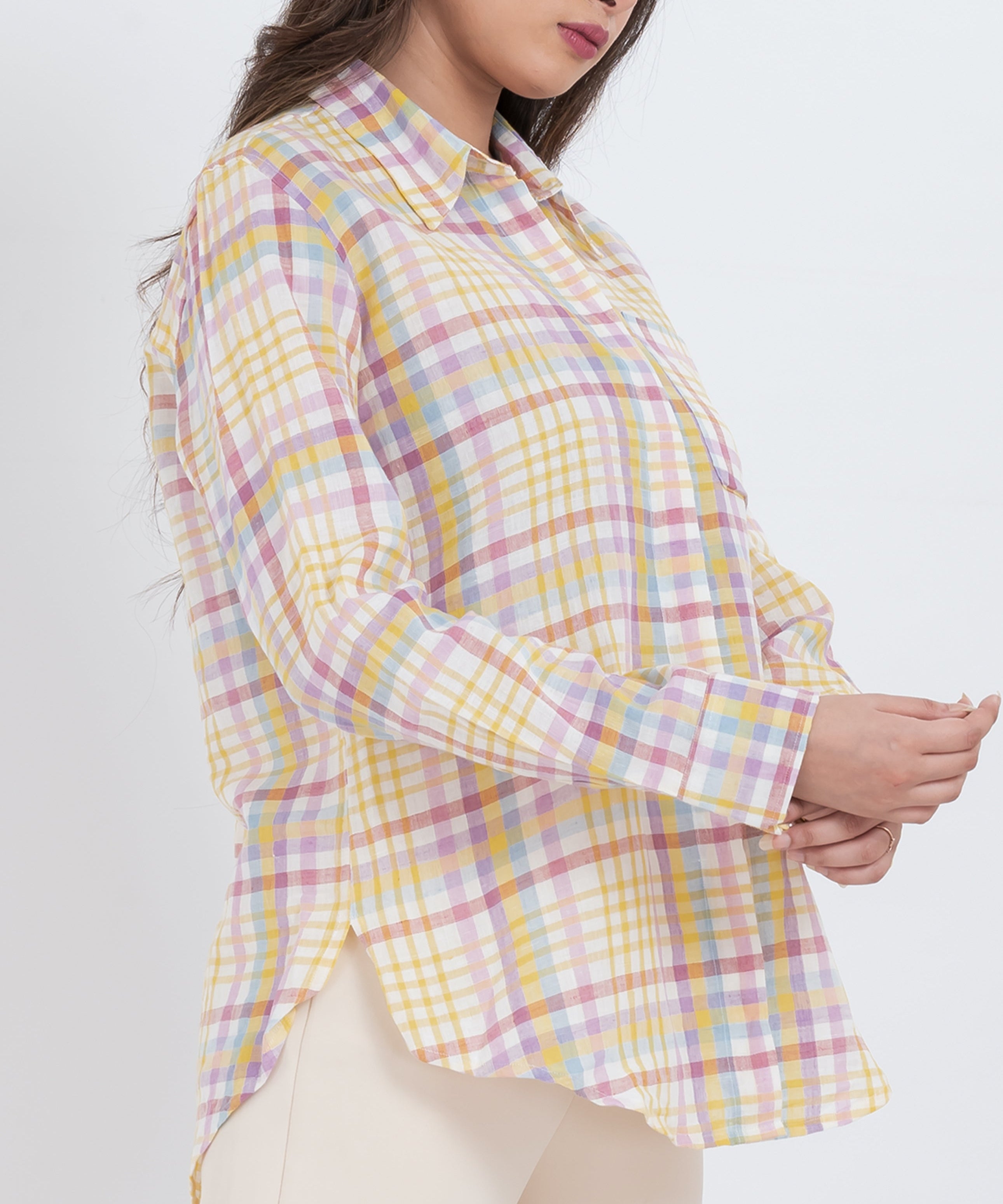 Pastel check print button-up shirt for women in soft cotton fabric