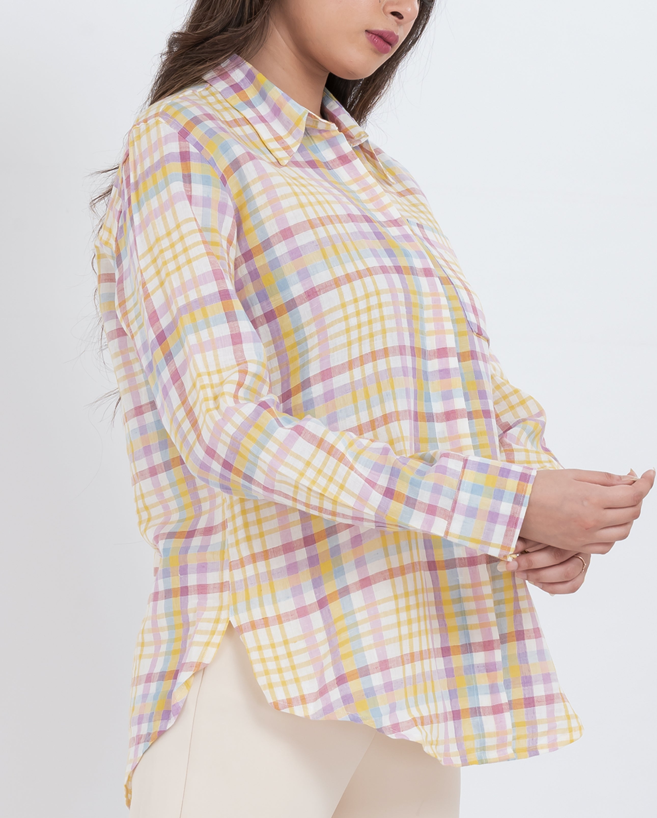 Pastel check print button-up shirt for women in soft cotton fabric