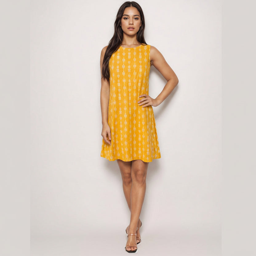 Mustard yellow cotton dobby midi dress with cream geometric print