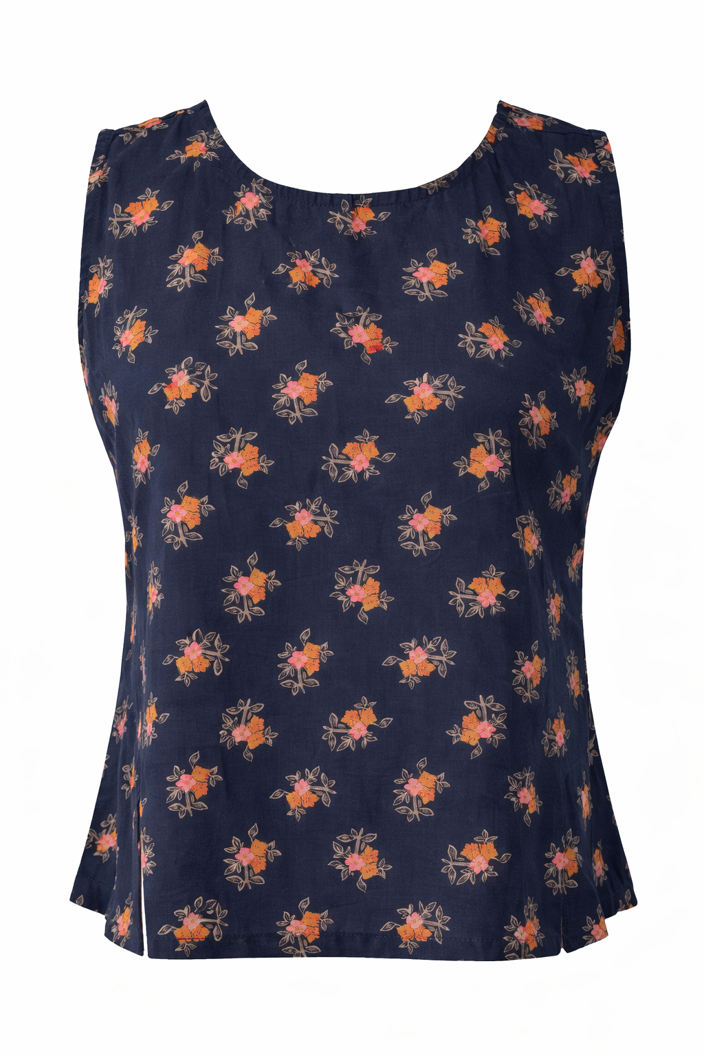 Navy blue sleeveless top with orange floral pattern on a white background