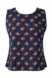 Navy blue sleeveless top with orange floral pattern on a white background